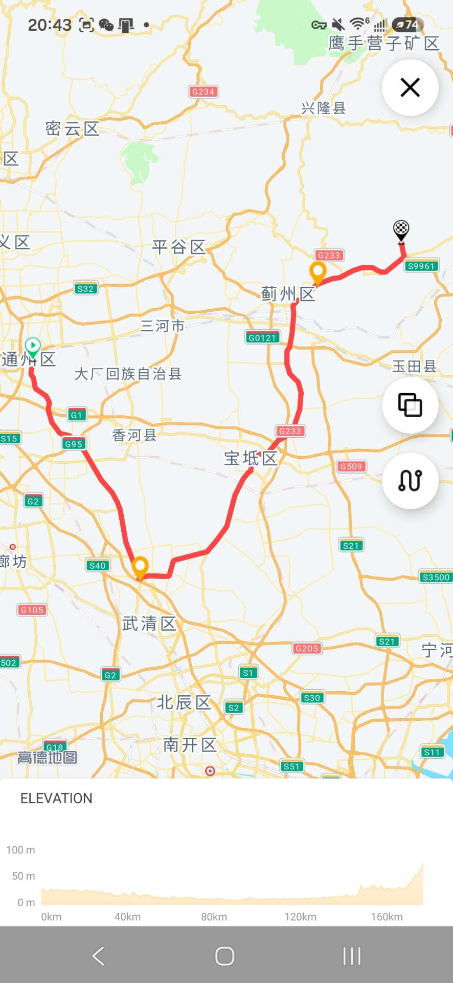 Tongzhou eastern route route map and elevation profile