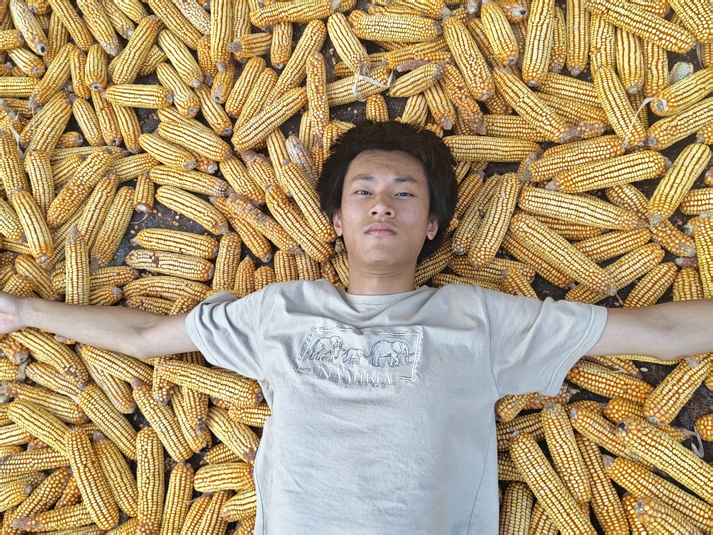 Daniel lying back on drying corn cobs with arms spread