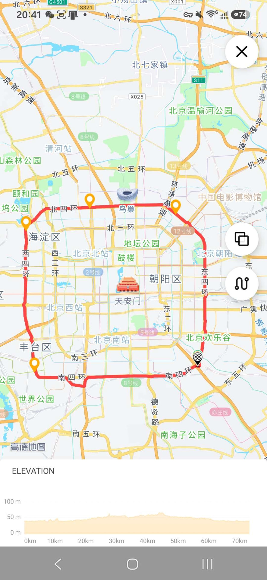 Beijing urban loop route map and elevation profile