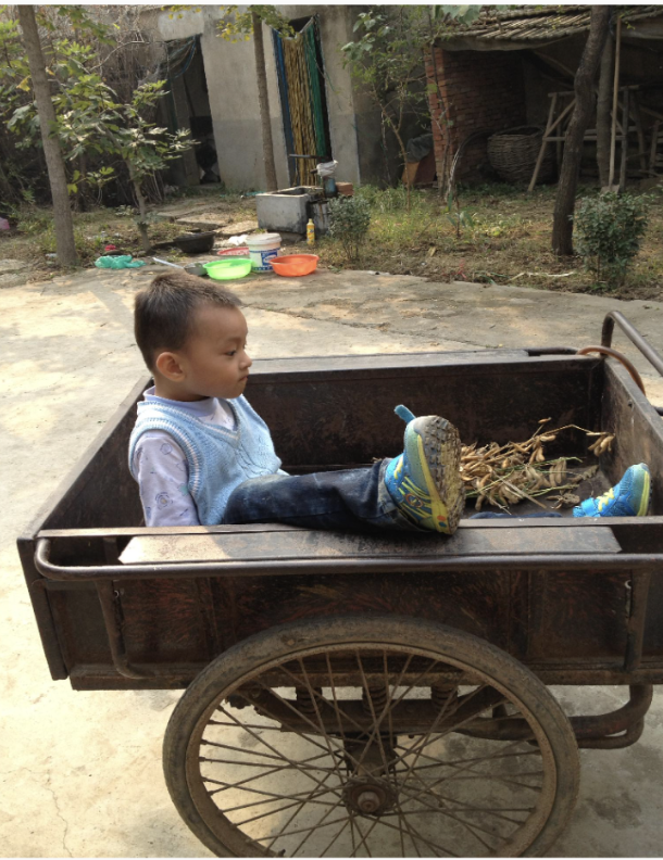 Young Daniel sitting in a wheelbarrow